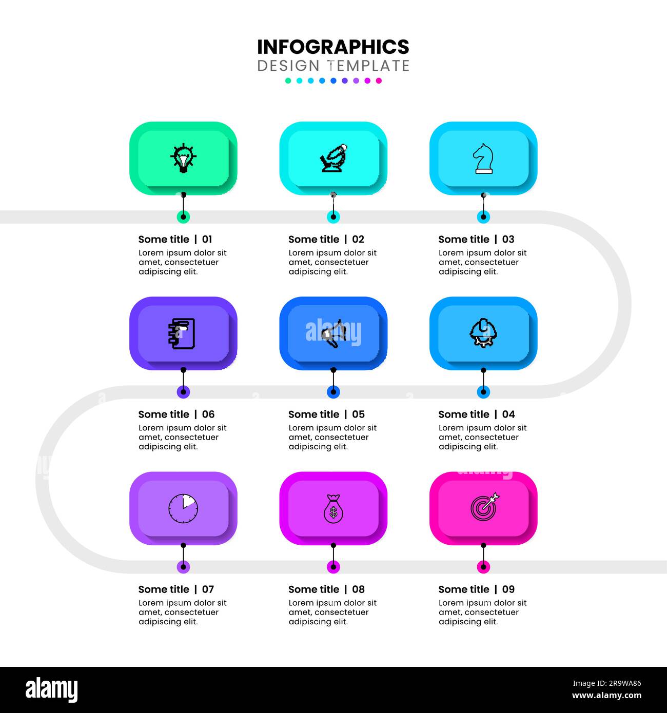 Modello infografico con icone e 9 opzioni o passaggi. Linea. Può essere utilizzato per layout del flusso di lavoro, diagrammi, webdesign. Illustrazione vettoriale Illustrazione Vettoriale