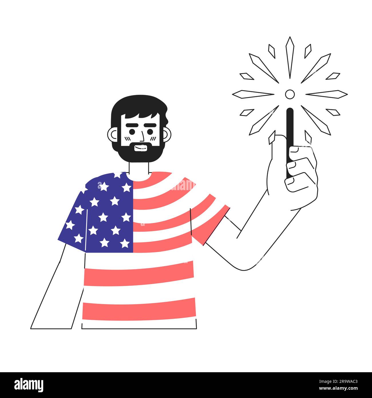 Uomo patriottico caucasico con carattere vettoriale piatto monocromatico sparkler Illustrazione Vettoriale