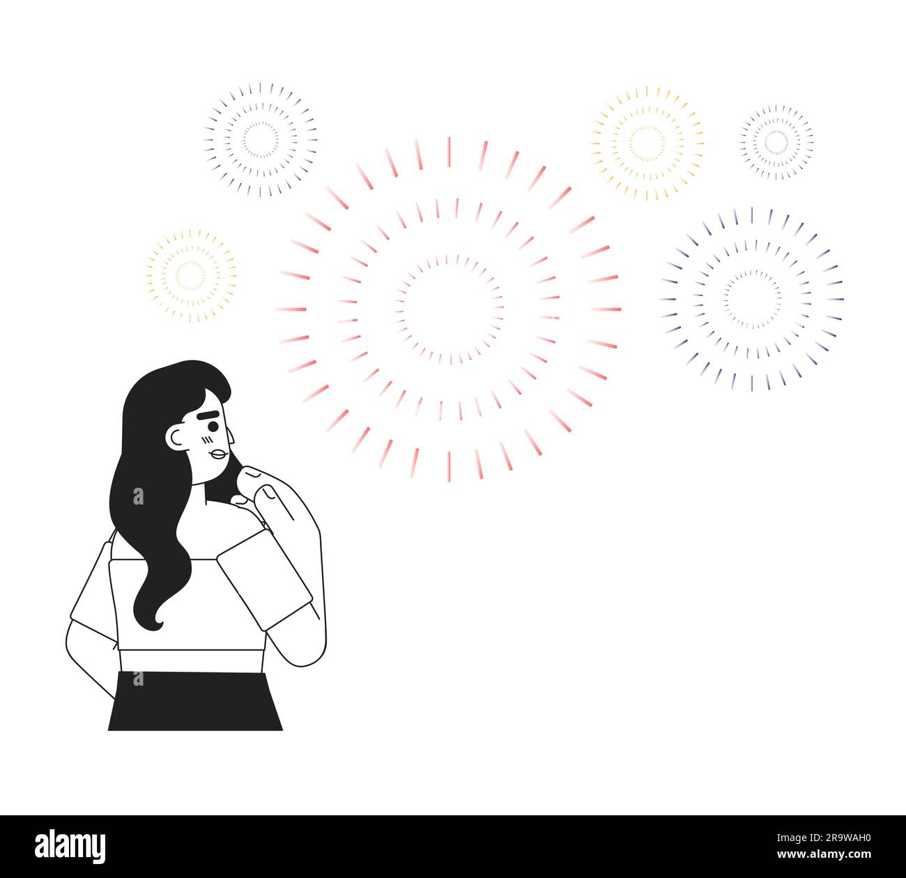 Donna bruna caucasica che guarda i fuochi d'artificio con un carattere vettoriale piatto monocromatico Illustrazione Vettoriale