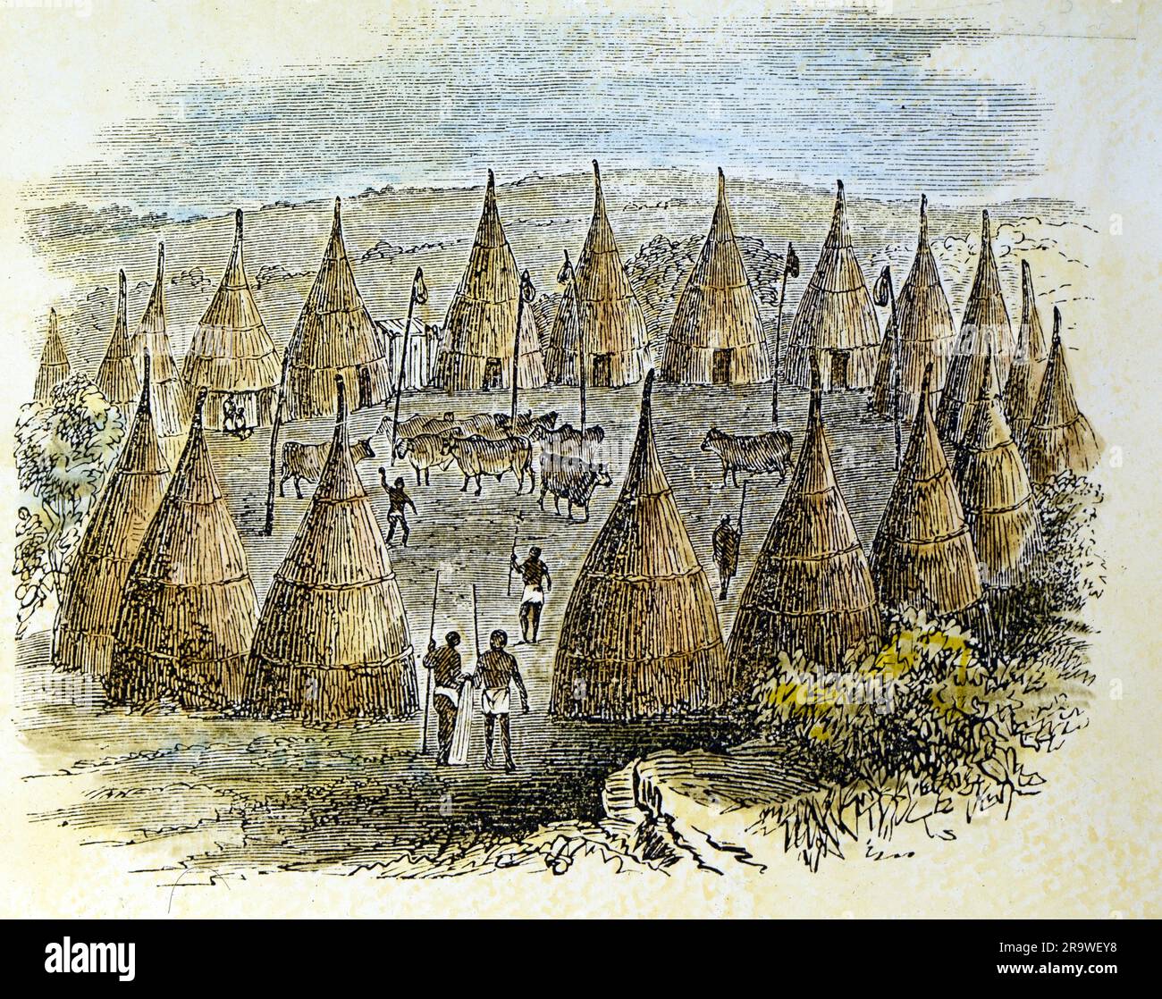 Geografia/viaggi, Ciad, Ngegimi sulla riva nord del lago Ciad, paesaggio urbano, incisioni in legno colorato, COPYRIGHT DELL'ARTISTA NON DEVONO ESSERE CANCELLATI Foto Stock