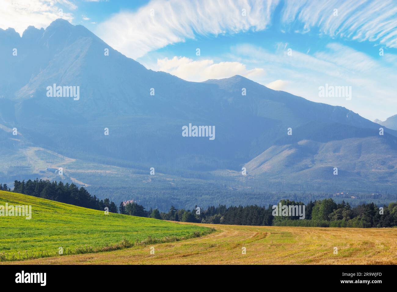 paesaggio idilliaco di campagna di tatra, slovacchia. campi verdi e cielo luminoso Foto Stock