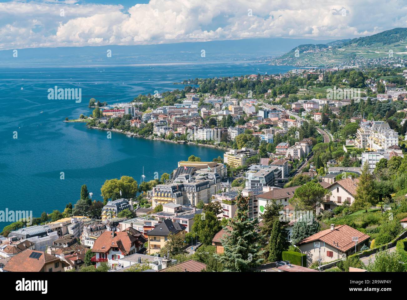 Vista di Montreux e del Lago di Ginevra, Montreux, Lac Leman, District de la Riviera-Pays-d'Enhaut, Canton Vaud, Svizzera Foto Stock