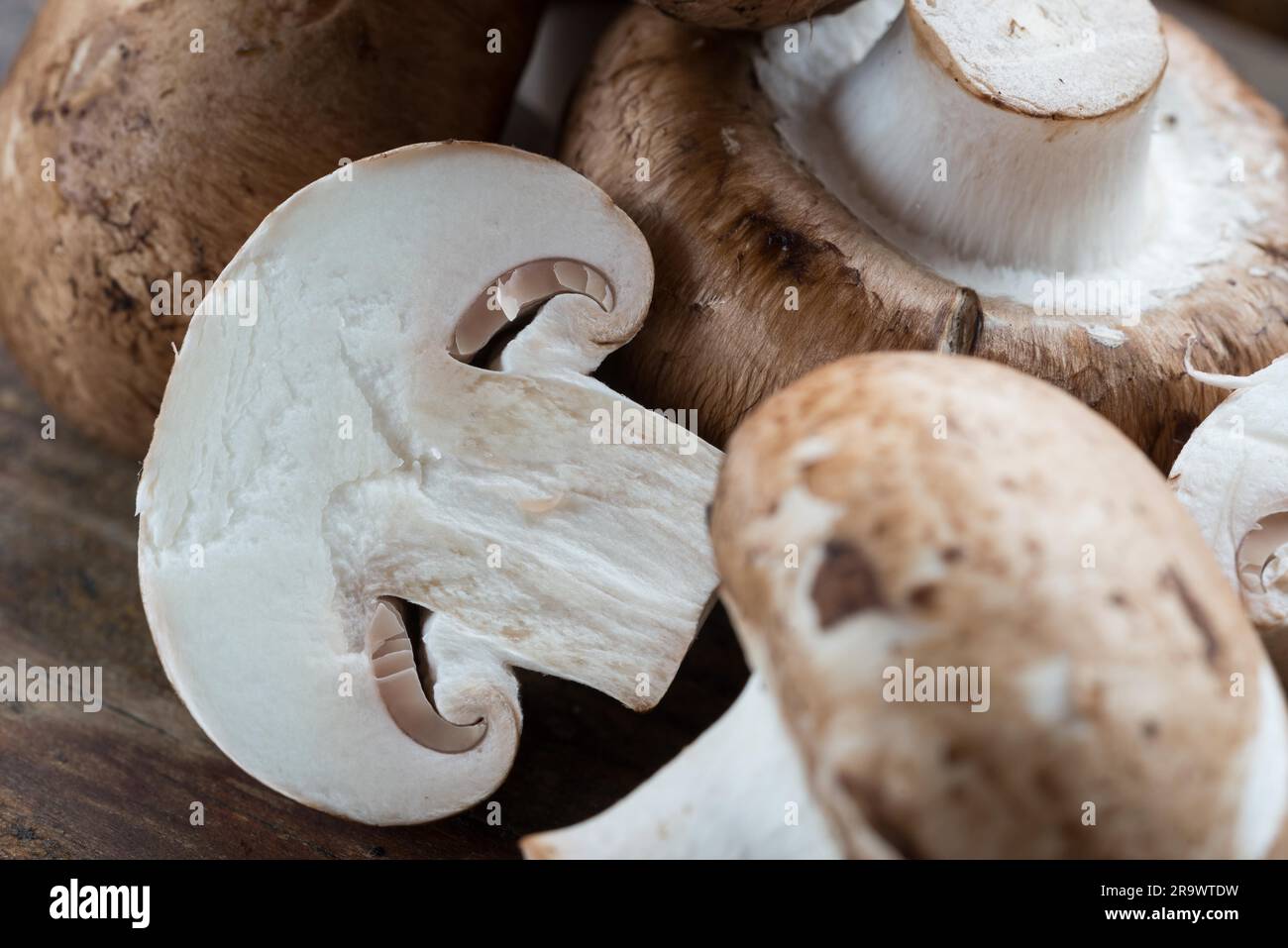 Primo piano di funghi freschi (Agaricus bisporus), su legno Foto Stock
