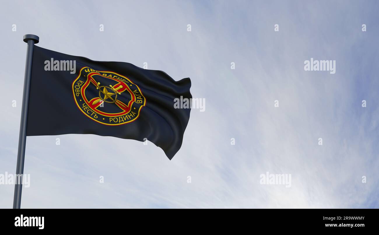 Flag Wagner Group, flag Wagner Private Military Company, bandiera in tessuto PMC Wagner, lavoro 3D e immagine 3D. Erevan, Armenia - 2023 giugno 29: Foto Stock