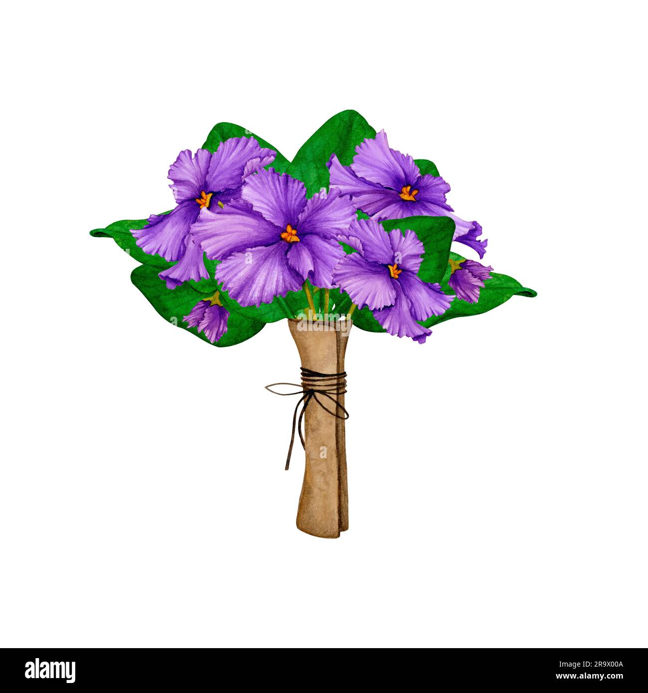 Bouquet di violette africane (Saintpaulia). Acquerello disegnato a mano. Design elegante per biglietti di auguri, poster, inviti, saluti, stampa, logo. Illustrazione per Foto Stock