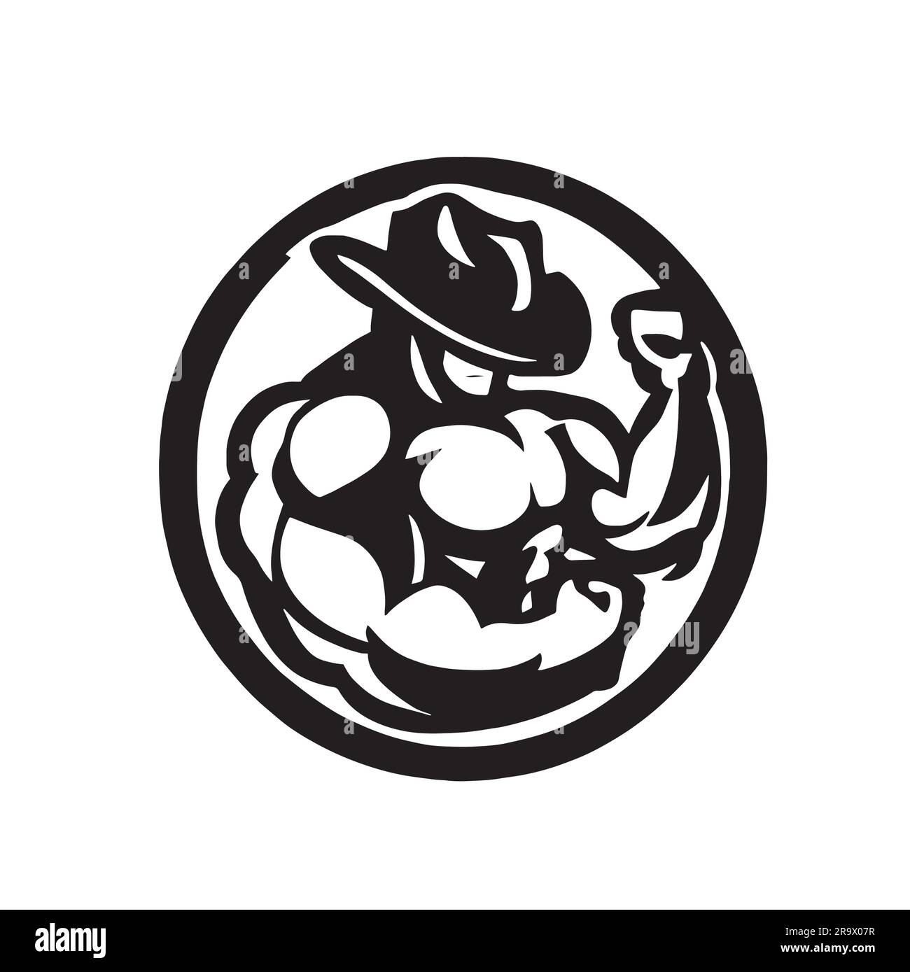 ilustração logo de musculação preto e branca com chapéu de cowboy Illustrazione Vettoriale