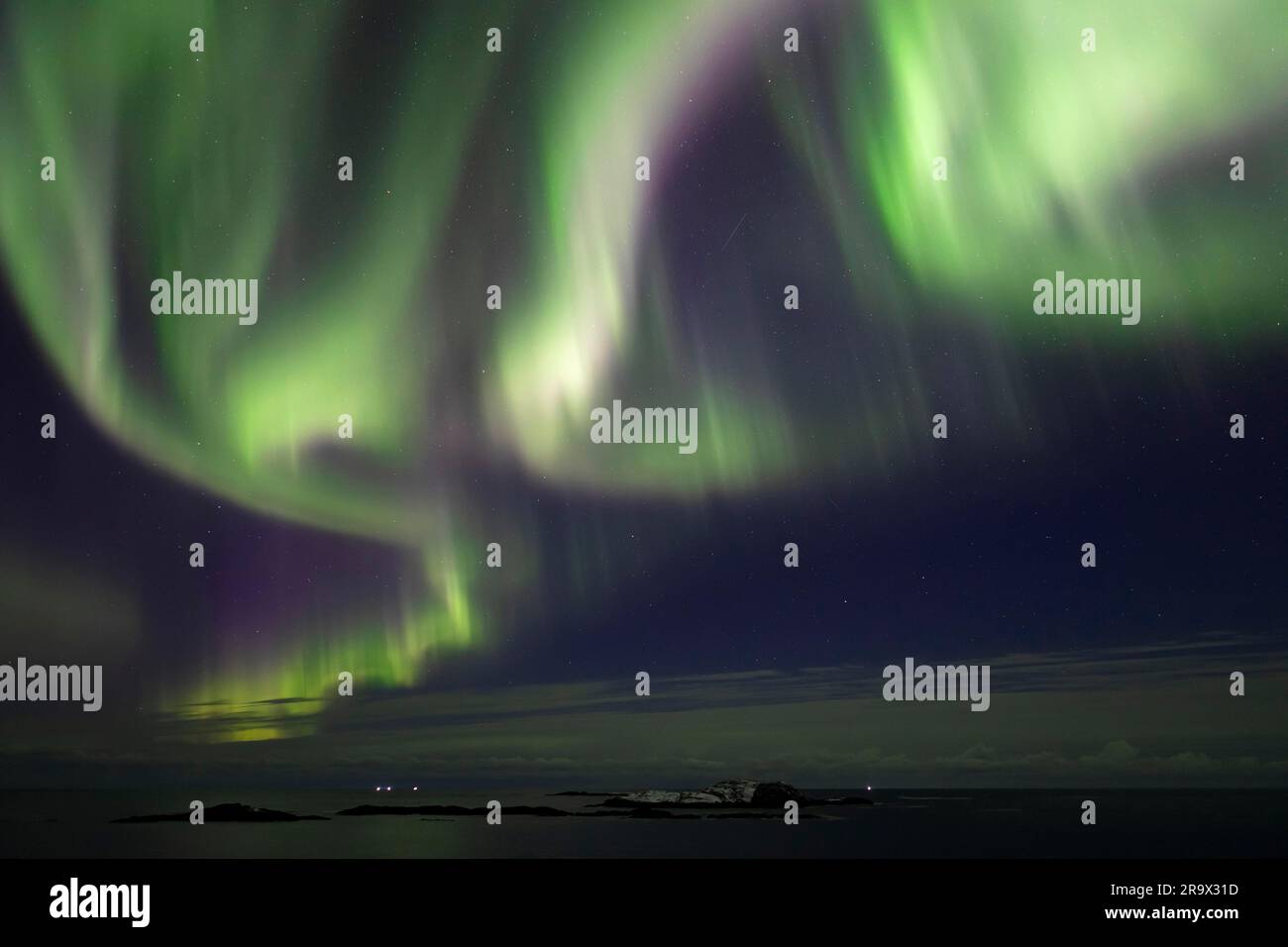 Aurora boreale (Aurora boreale) in verde e rosa sul Mare del Nord, Andoya, Vesteralen, Norvegia Foto Stock