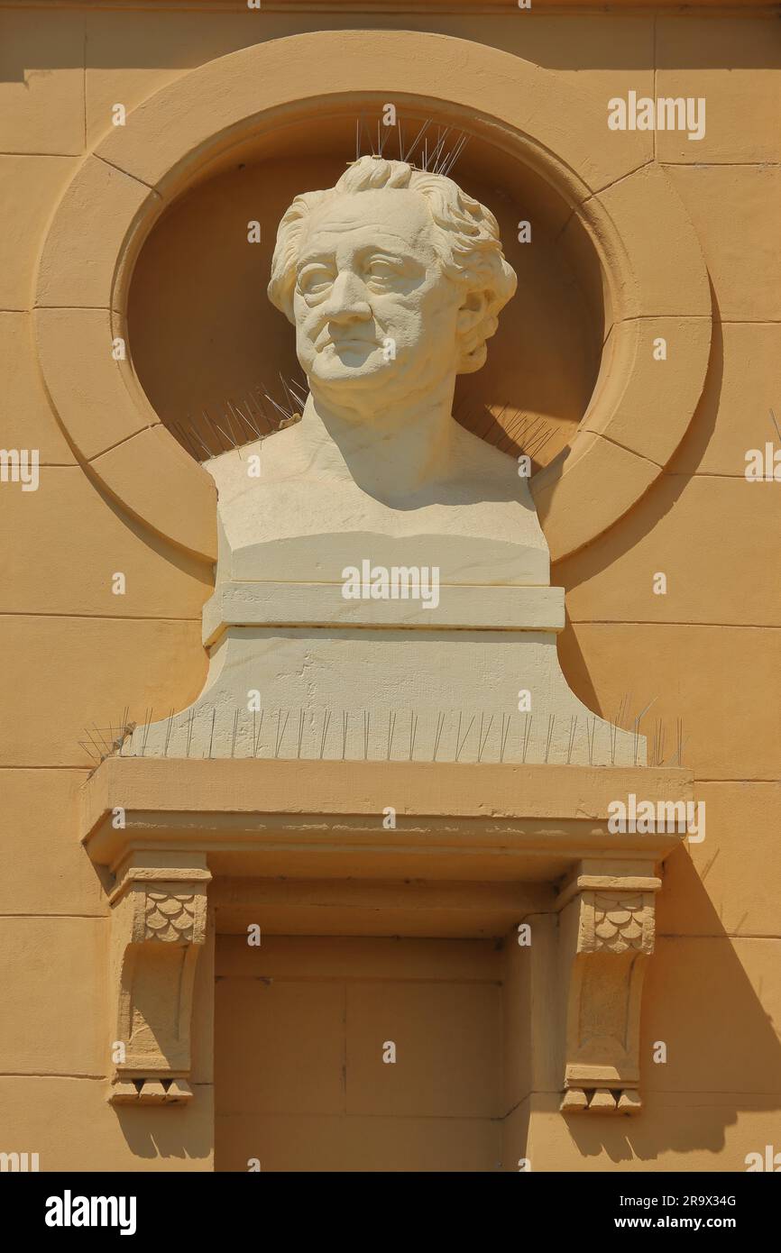 Monumento e capo di Wolfgang Goethe, teatro, dettaglio, busto, Gera, Turingia, Germania Foto Stock