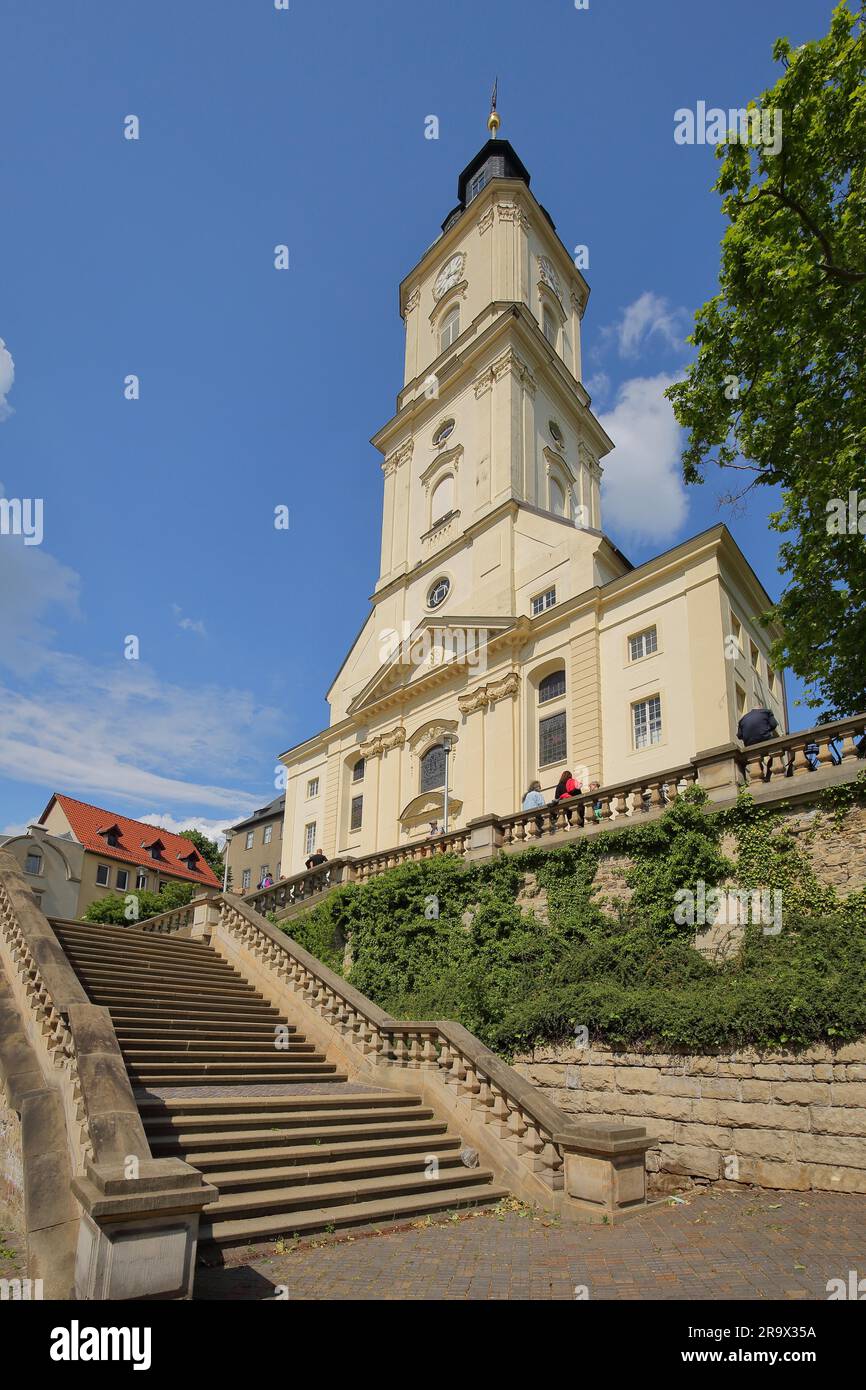 Chiesa del Salvatore barocca con scalinata, St Salvator, Saint, White, Nicolaiberg, Gera, Turingia, Germania Foto Stock