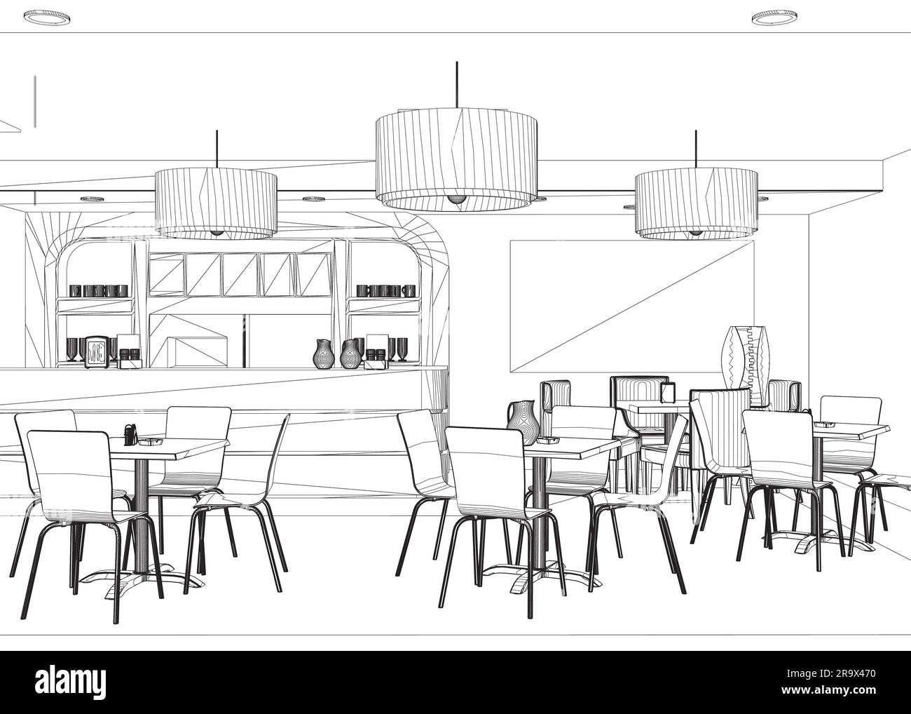 Ristorante moderno. Contorno degli interni arredati di un elegante ristorante o bistro disegnato a mano con linee di contorno su sfondo bianco. Disegno approssimativo del mod Illustrazione Vettoriale