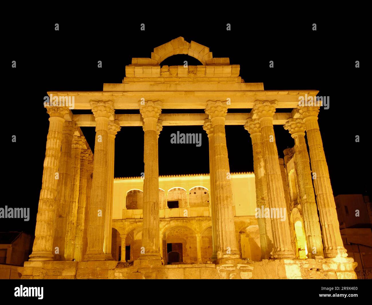 Tempio di Diana, Ruta la Plata, antica città romana di Emerita Augusta, Merida, Estremadura, Badajoz, Spagna Foto Stock