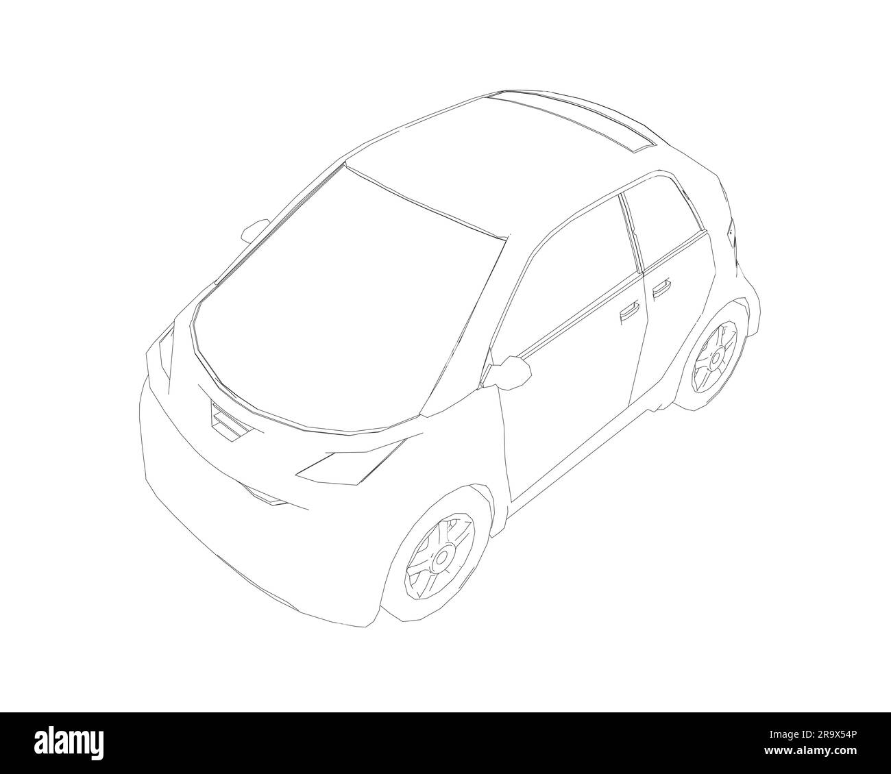 Illustrazione vettoriale piatta di un'auto piccola di profilo. Progetto di City car. Modello di auto compatto vuoto per il branding o la pubblicità. Consegna di cibo in auto. Illustrazione Vettoriale