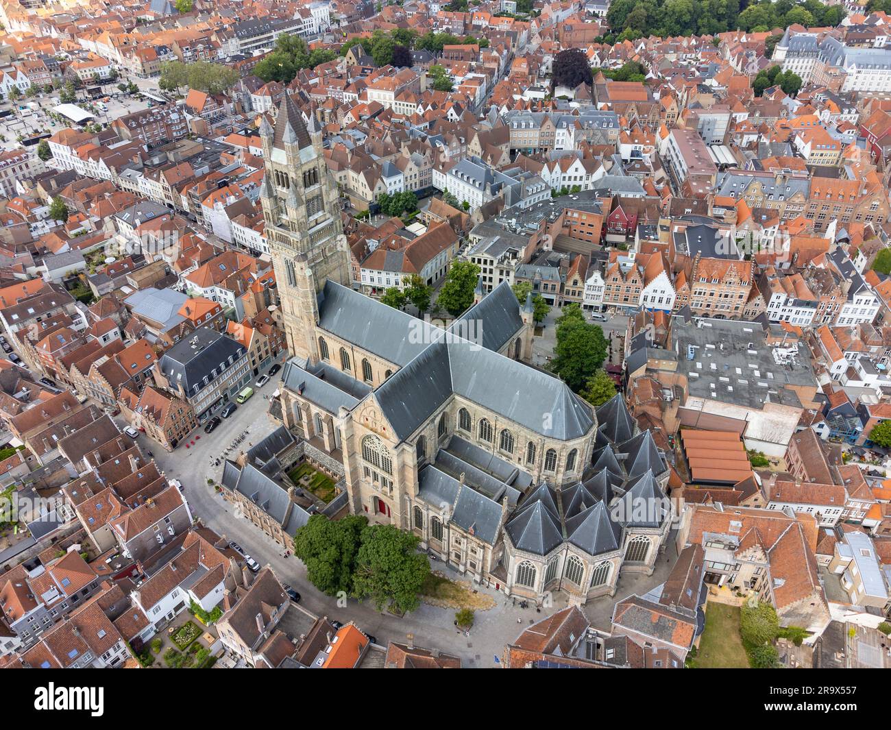 Vista aerea di St Salvator's Cathedral, la cattedrale cattolica di Bruges, Belgio. St Salvator (Salvatore) è la chiesa principale della città di Brug Foto Stock
