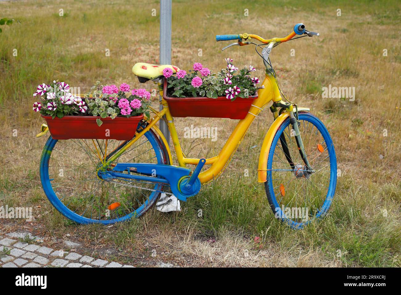 Bicicletta colorata decorata con fiori e fioriere, Germania Foto stock -  Alamy