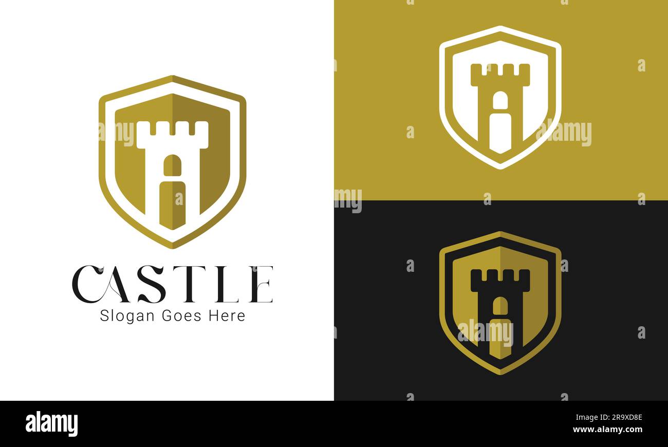 Cavaliere del Castello d'Oro con logo scudo logo logo del Castello Cavaliere logotipo icona guerriero Illustrazione Vettoriale