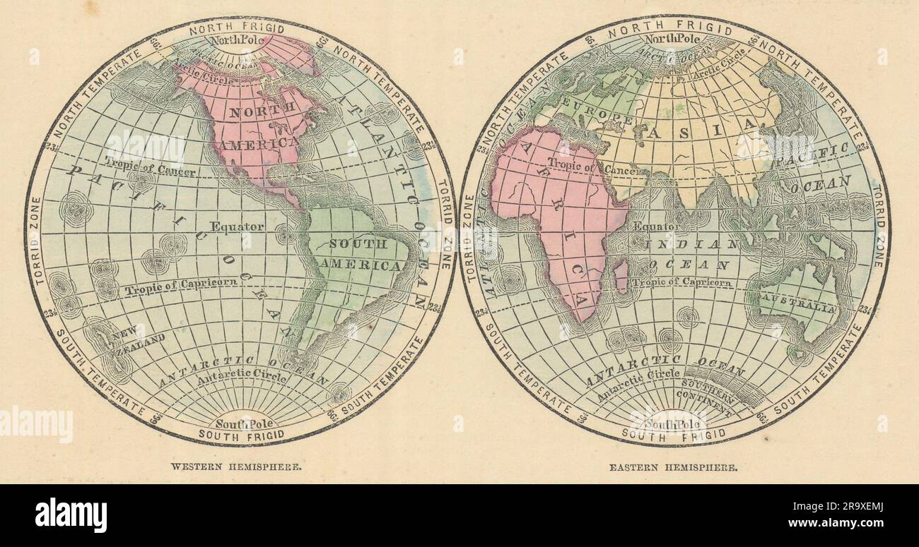 Mondo. Emisfero occidentale ed emisferi orientali. JOHNSON 1866 vecchia mappa antica Foto Stock
