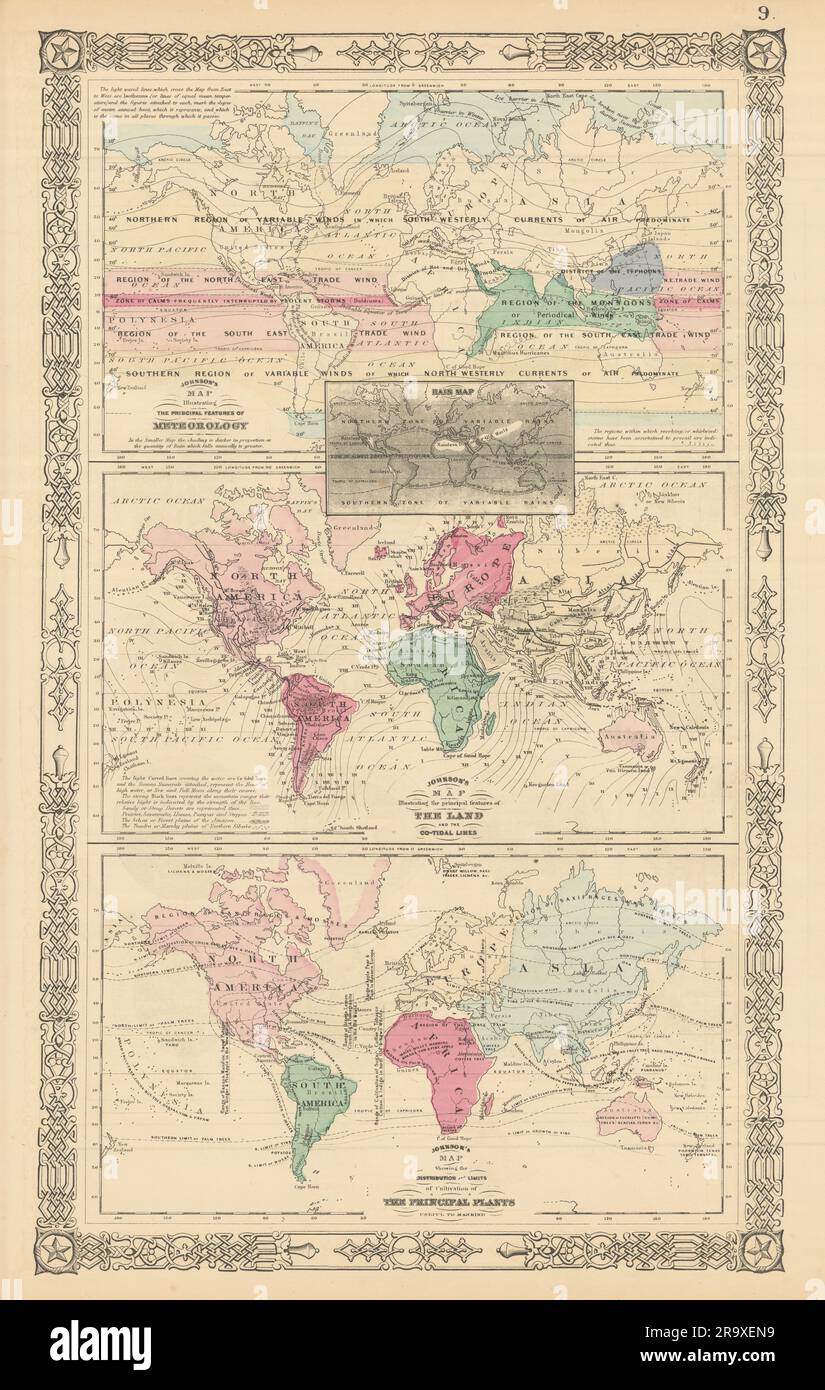 Meteorologia mondiale. Caratteristiche Land. Linee co-tidal. Agricoltura. Mappa di JOHNSON 1866 Foto Stock