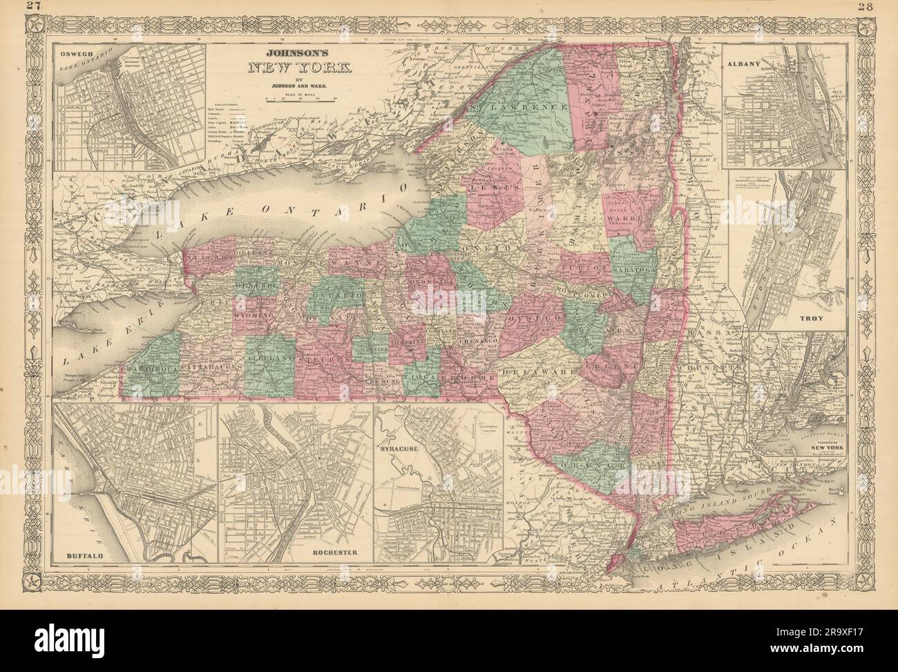 La mappa dello stato di Johnson a New York. Albany Troy Rochester Buffalo Syracuse 1866 Foto Stock