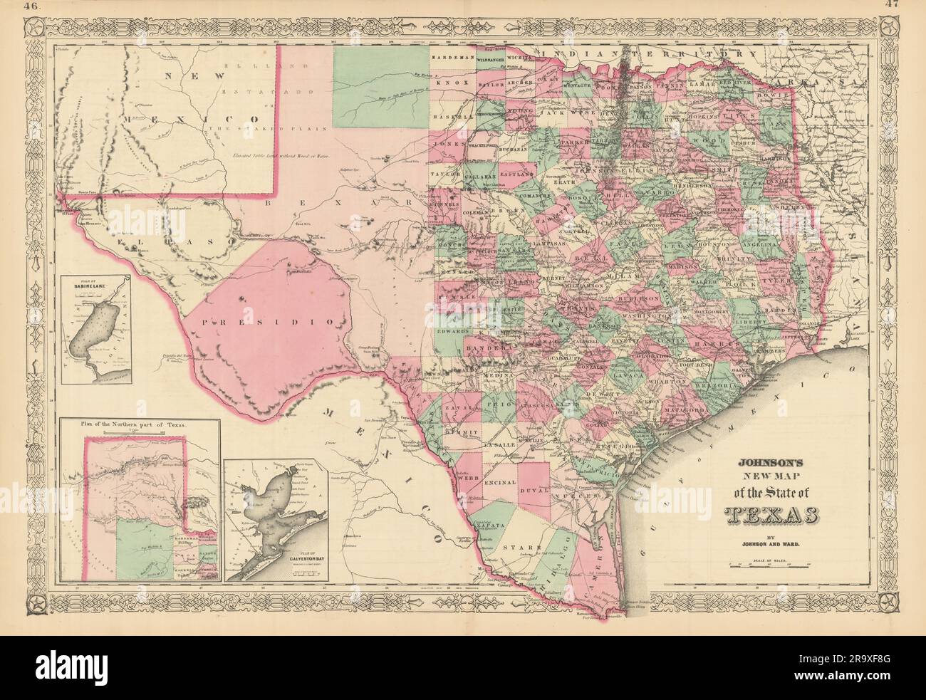 Johnson's New MAP of the State of Texas. Mappa dello stato DEGLI STATI UNITI che mostra le contee 1866 Foto Stock