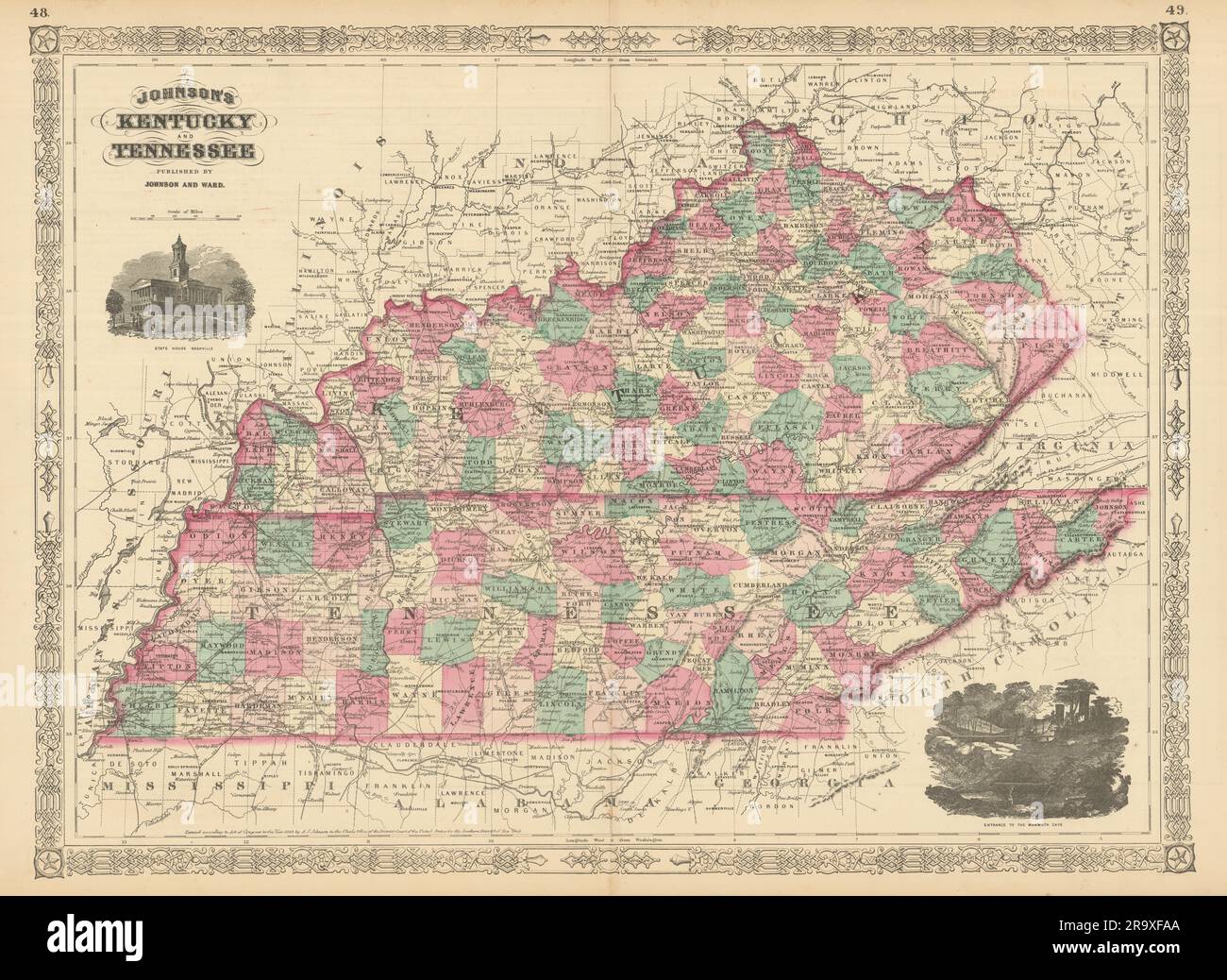 Johnson's Kentucky e Tennessee. Mappa dello stato DEGLI STATI UNITI che mostra le contee vecchie di 1866 anni Foto Stock