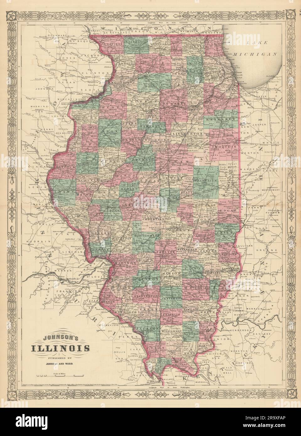 Johnson's Illinois. Mappa dello stato DEGLI STATI UNITI che mostra la vecchia carta antica delle contee del 1866 Foto Stock