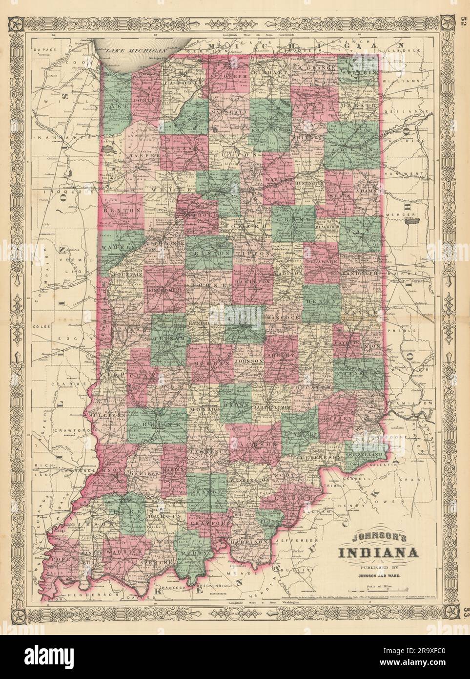 L'Indiana di Johnson. Mappa dello stato DEGLI STATI UNITI che mostra la vecchia carta antica delle contee del 1866 Foto Stock