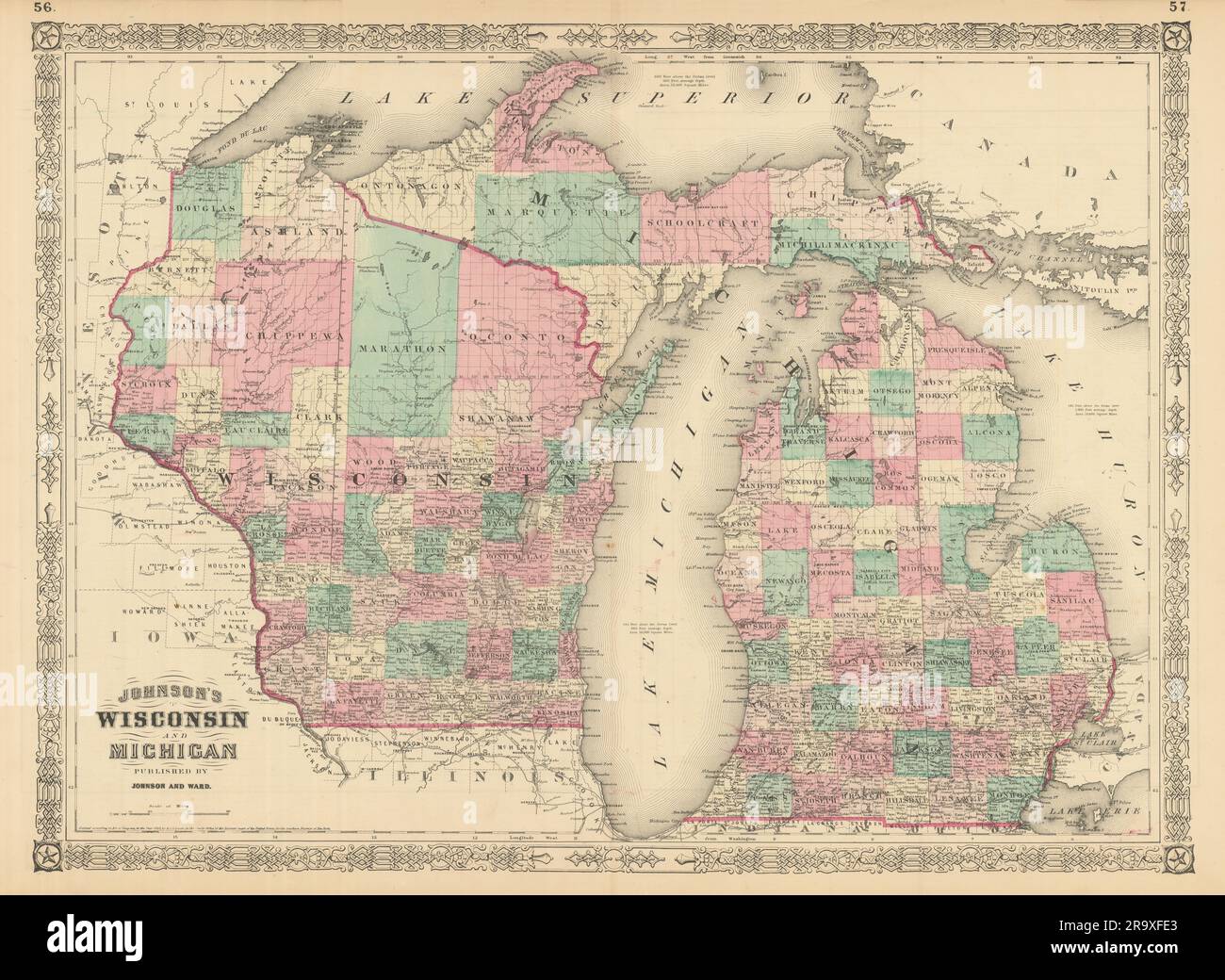 Johnson's Wisconsin & Michigan. Mappa dello stato che mostra le contee. Grandi Laghi 1866 Foto Stock