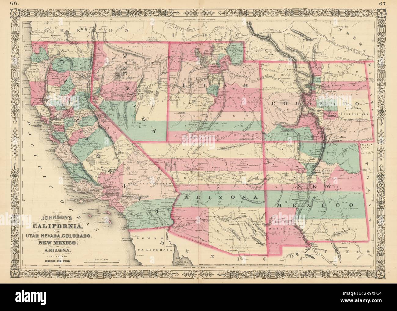 Johnson's California con Utah, Nevada, Colorado, New Mexico & Arizona 1866 mappa Foto Stock