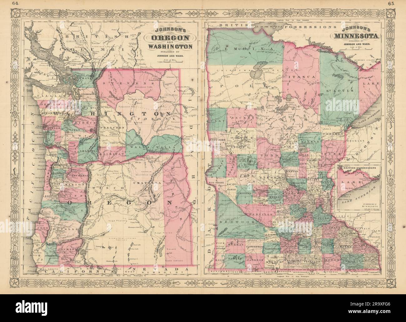 Johnson's Oregon, Washington e Minnesota. Mappa dello stato DEGLI STATI UNITI che mostra le contee 1866 Foto Stock
