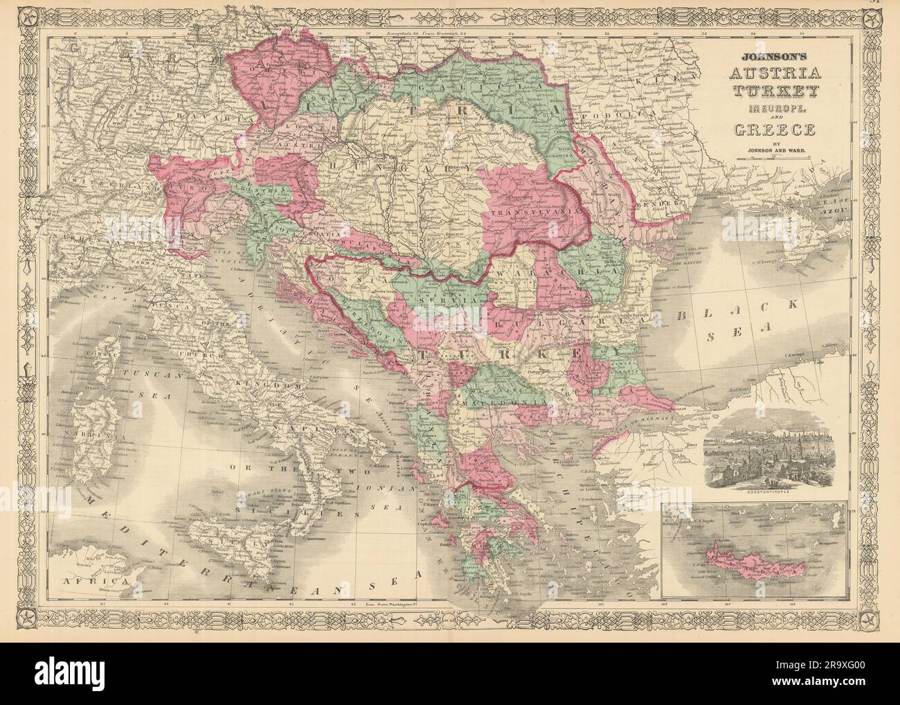 Johnson's Austria, Turchia in Europa e Grecia. Balcani Venezia 1866 vecchia mappa Foto Stock