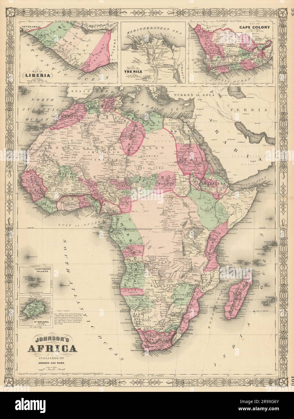 L'Africa di Johnson. Colonie e tribù. Liberia Delta del Nilo Colonia del Capo 1866 mappa Foto Stock