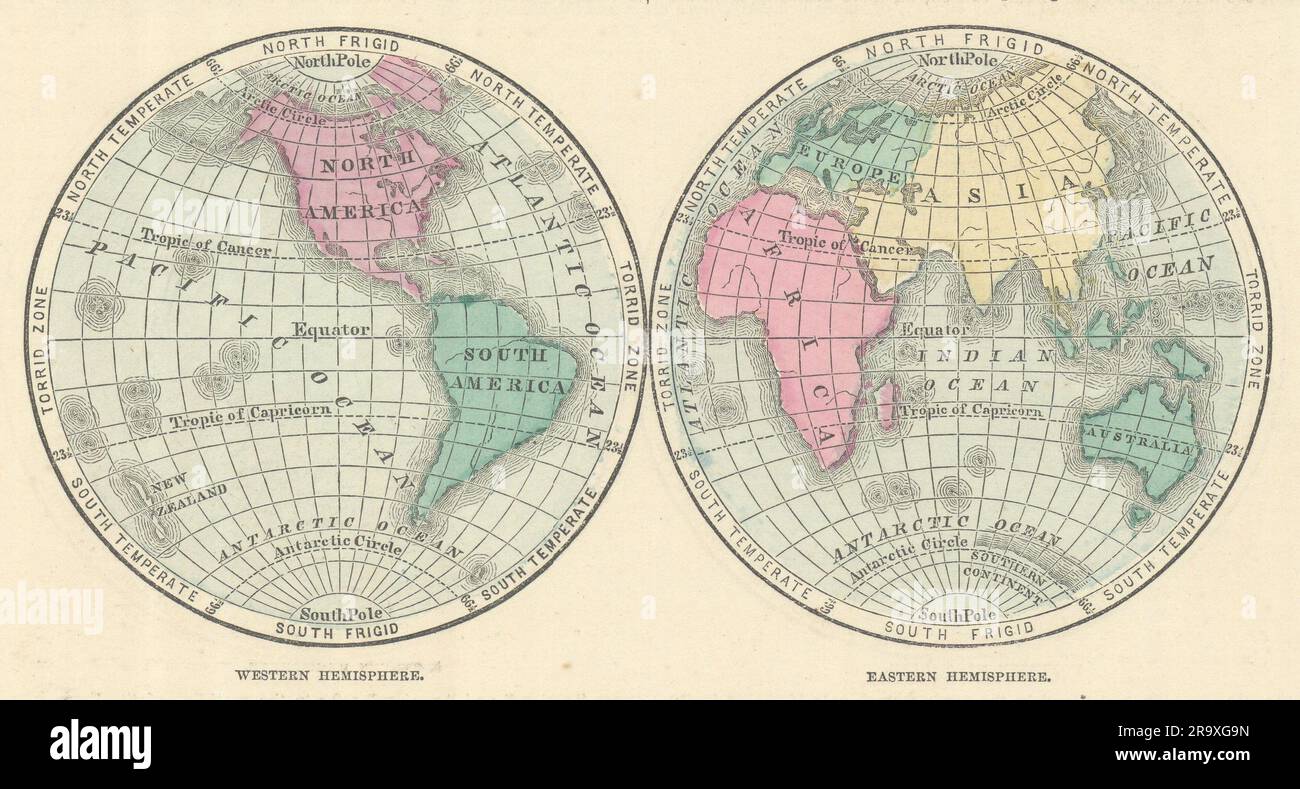 Mondo. Emisfero occidentale ed emisferi orientali. JOHNSON 1861 vecchia mappa antica Foto Stock