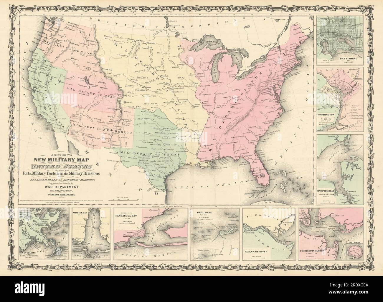 La nuova mappa militare degli Stati Uniti di Johnson. Forts Posts divisioni 1861 Foto Stock