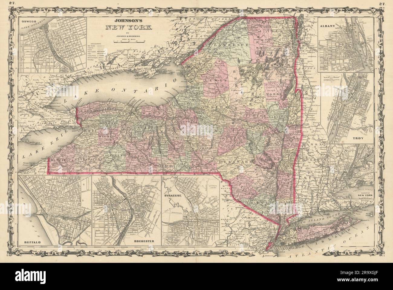 La mappa dello stato di Johnson a New York. Albany Troy Rochester Buffalo Syracuse 1861 Foto Stock