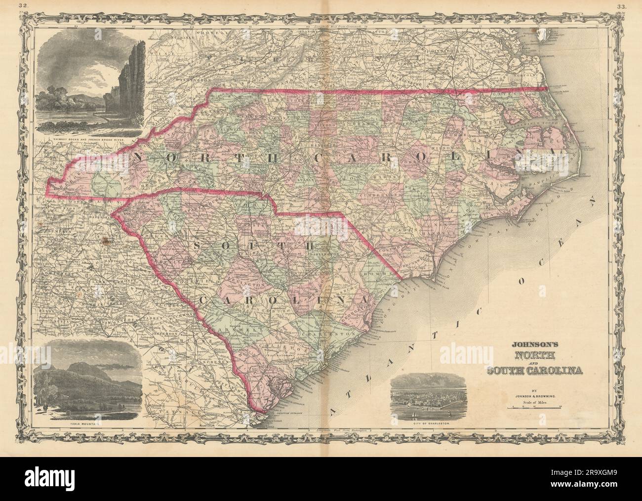 Johnson's North & South Carolina mostra le contee. Mappa di stato DEGLI STATI UNITI 1861 vecchia Foto Stock