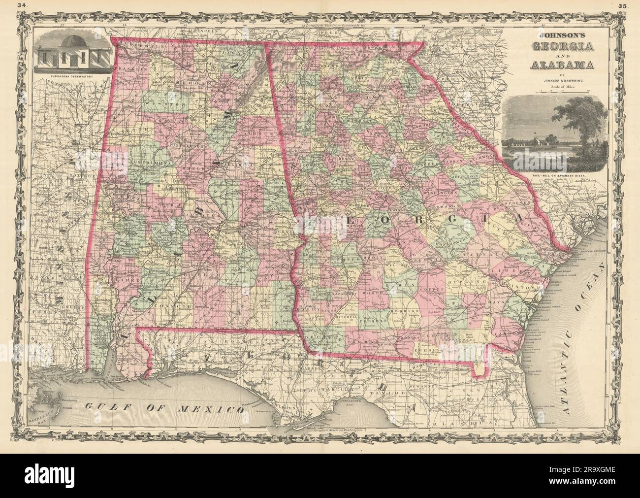 Johnson's Georgia & Alabama. Mappa dello stato DEGLI STATI UNITI che mostra le contee vecchie di 1861 anni Foto Stock