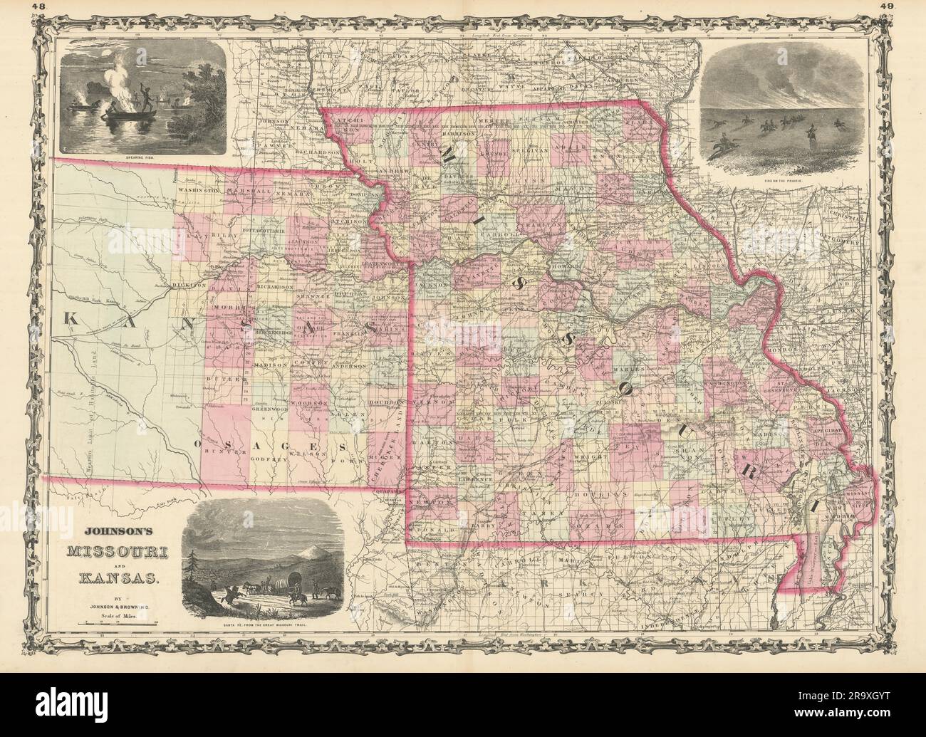 Johnson's Missouri & Kansas. Mappa dello stato DEGLI STATI UNITI che mostra le contee vecchie di 1861 anni Foto Stock