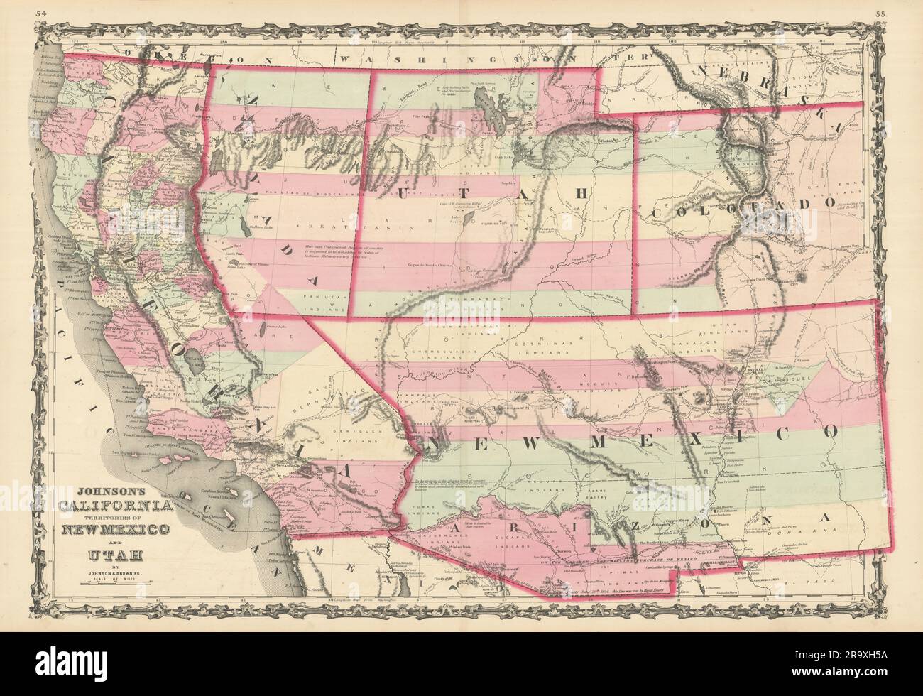 Johnson California, territori del New Mexico e Utah. Nevada CO AZ 1861 mappa Foto Stock