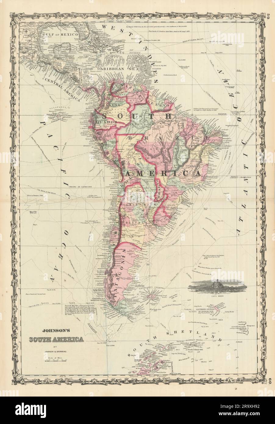 Johnson e' in Sud America. Bolivia con Littoral. Mappa 1861 itinerari dei navigatori Foto Stock