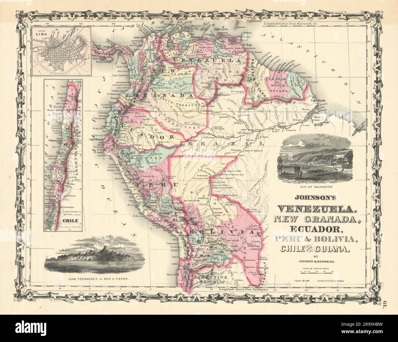 Johnson Venezuela, nuova Granada, Ecuador, Perù, Bolivia, Cile, Guiana 1861 mappa Foto Stock