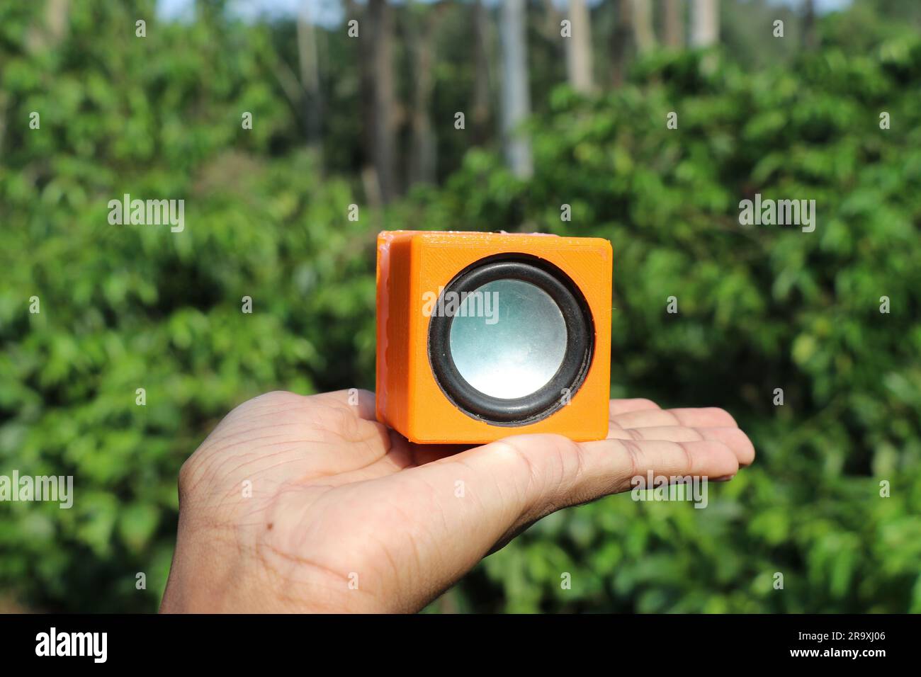 Altoparlante Bluetooth tenuto in mano con cornice stampata in 3D. Stampa 3D per applicazioni reali Foto Stock