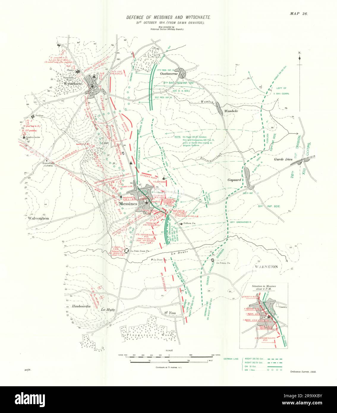 Defence of Messines & Wytschaete, 31 ottobre 1914 dall'alba. WW1. mappa 1933 Foto Stock