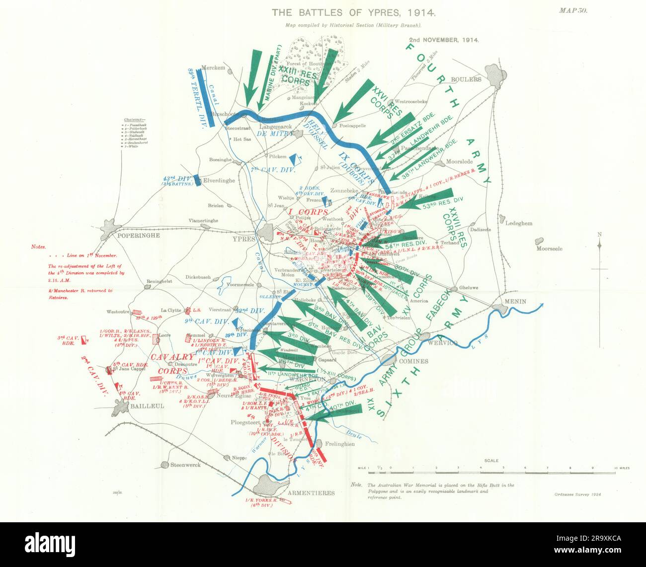 Battaglia di Ypres 1914. 2 novembre 1914. Prima guerra mondiale. 1933 vecchia mappa Foto Stock