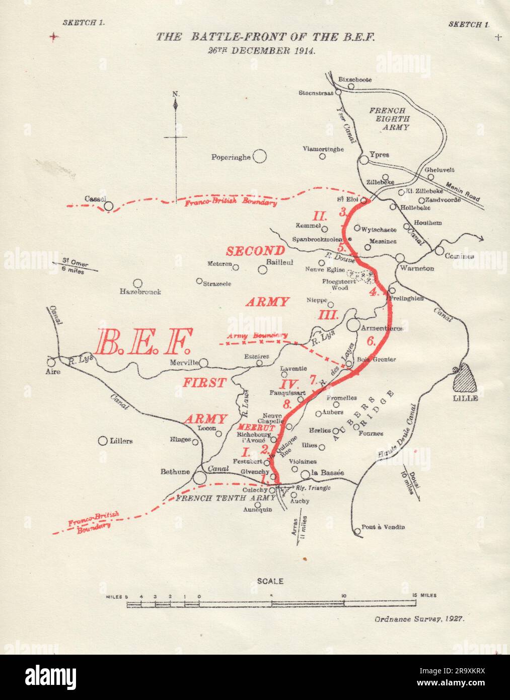 B.E.F. Battlefront 26 dicembre 1914. Fronte occidentale. Prima guerra mondiale. mappa 1927 Foto Stock