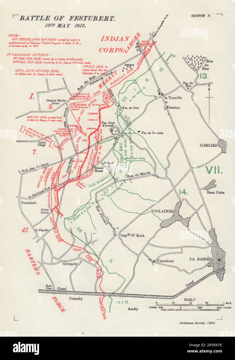 Battaglia di Festubert. 18 maggio 1915. Prima guerra mondiale. Trincee 1928 vecchia mappa Foto Stock