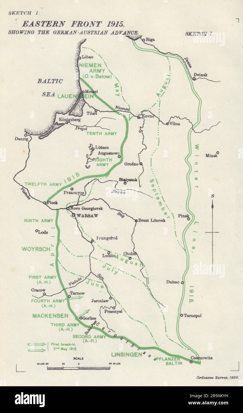 Fronte orientale 1915; avanzata tedesco-austriaca. Prima guerra mondiale. Polonia 1928 mappa Foto Stock