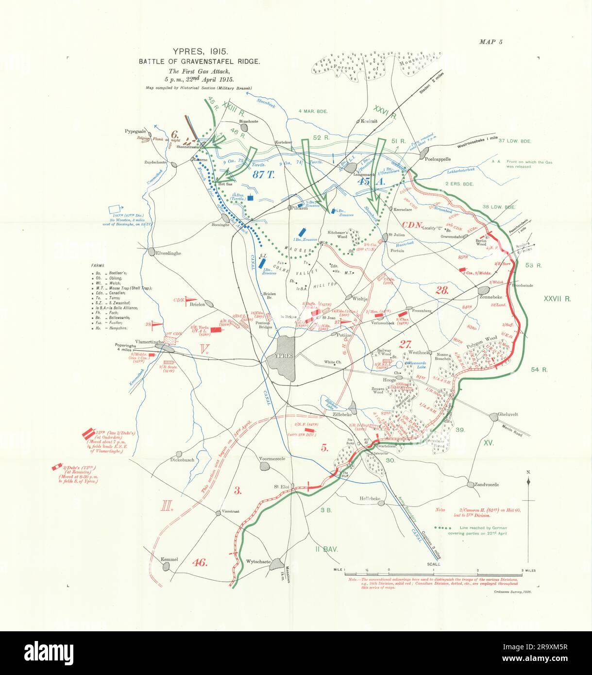 Battaglia di Gravenstafel Ridge. Attacco di gas alle 17:00, 22 aprile 1915. WW1. mappa 1928 Foto Stock