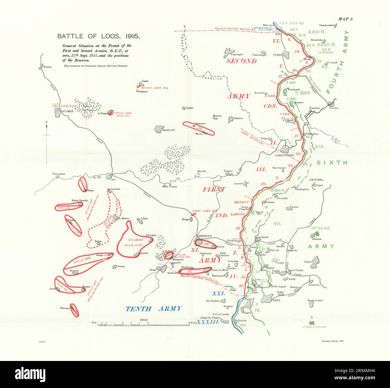 Battaglia di Loos, situazione a zero, 25 settembre 1915. B.E.F. Riserva WW1. mappa 1927 Foto Stock
