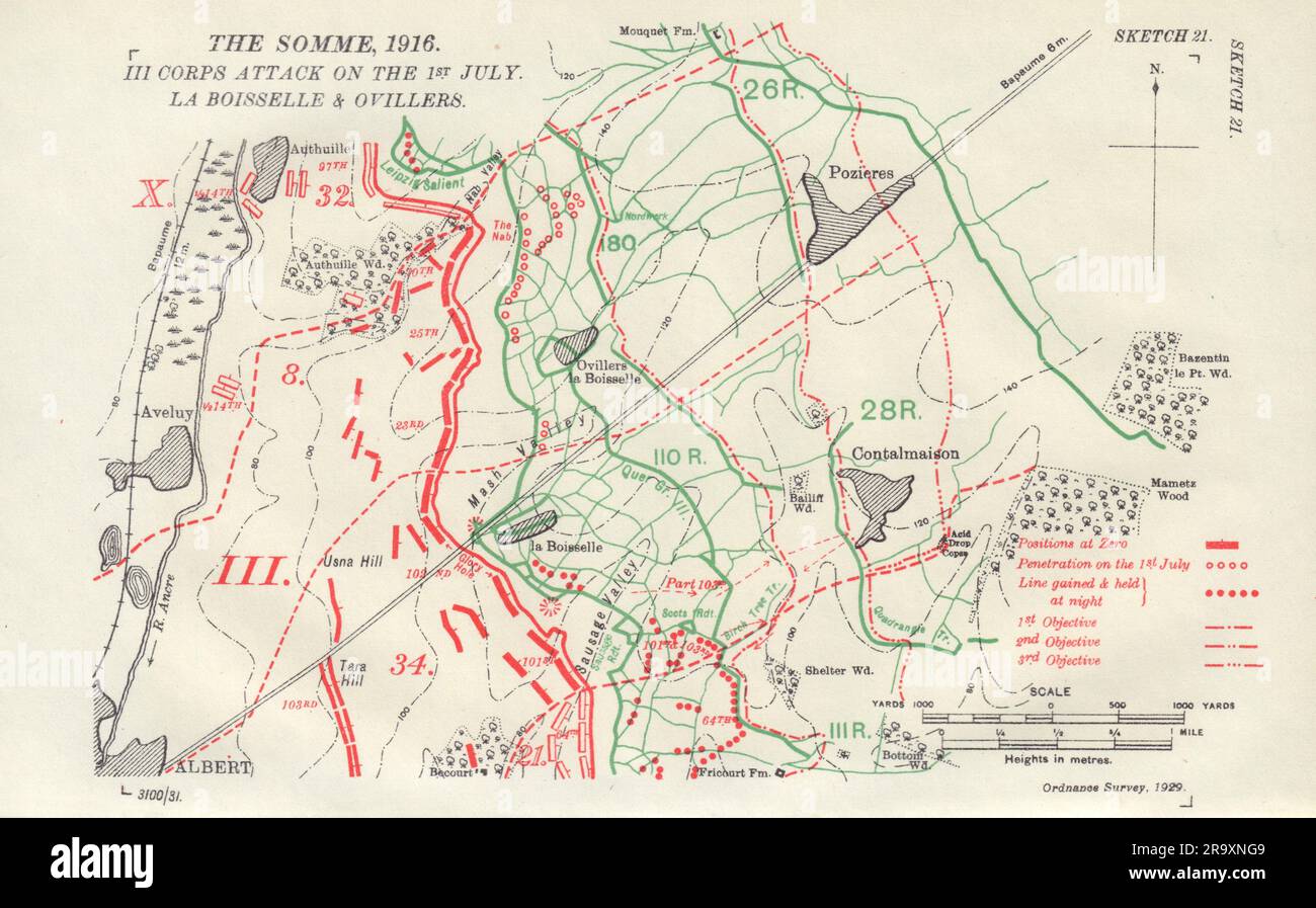 Somme. III corpo attacco 1 luglio 1916. La Boisselle/Ovillers. Mappa trincee 1932 Foto Stock