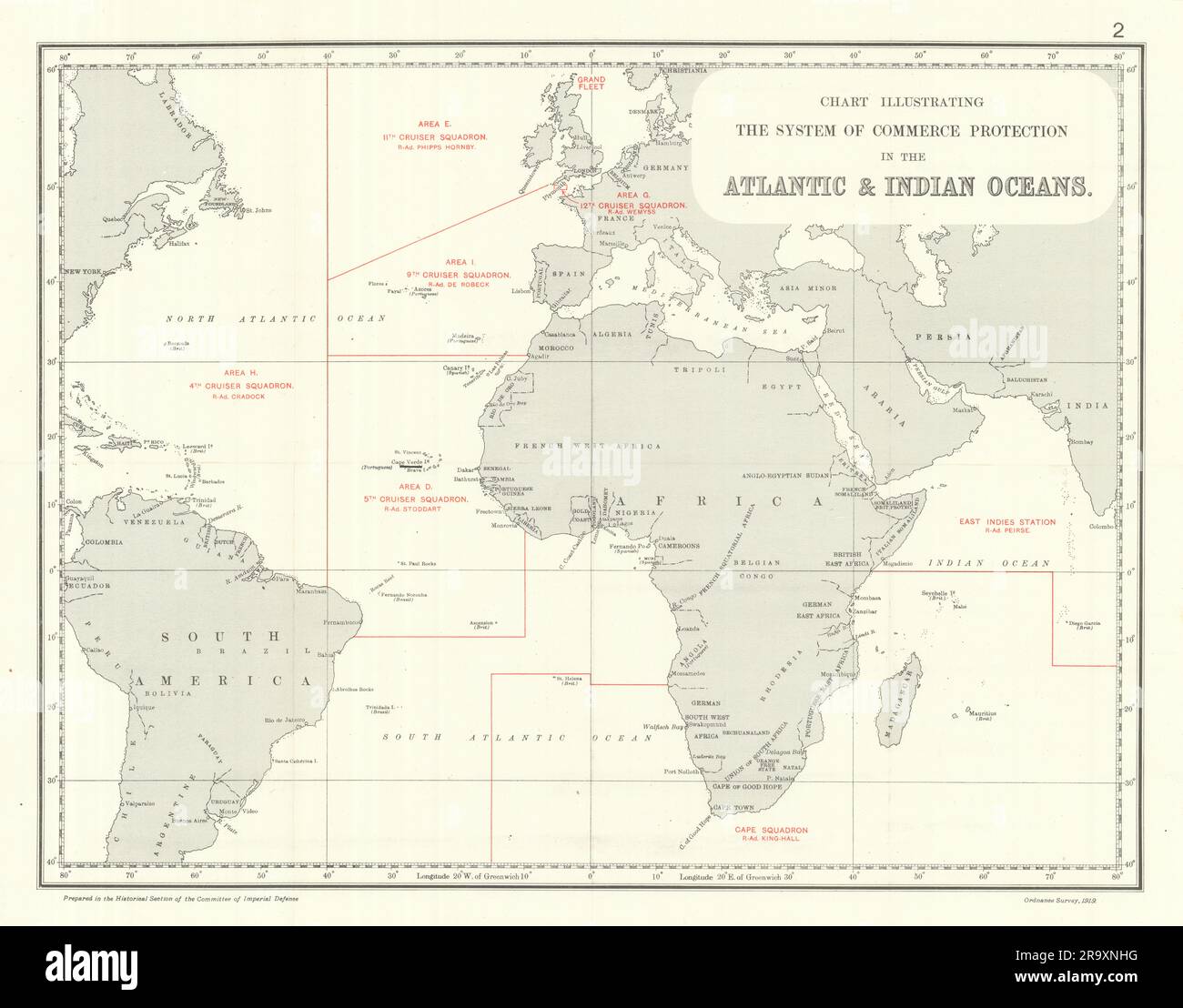 Protezione del commercio negli oceani Atlantico e Indiano 1914. Prima guerra mondiale. mappa 1920 Foto Stock